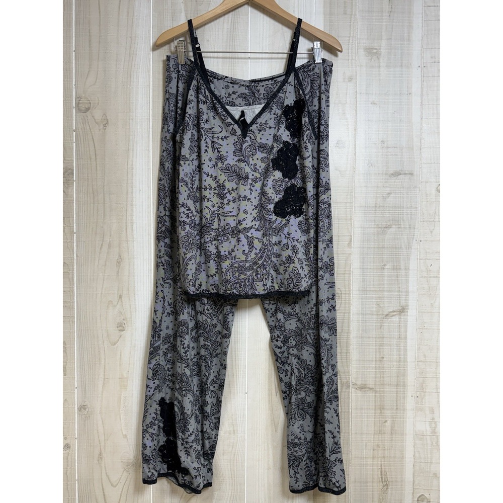 Soma Pajama Camisole Set Black Gray Floral Paisley Lace Loungewear Large